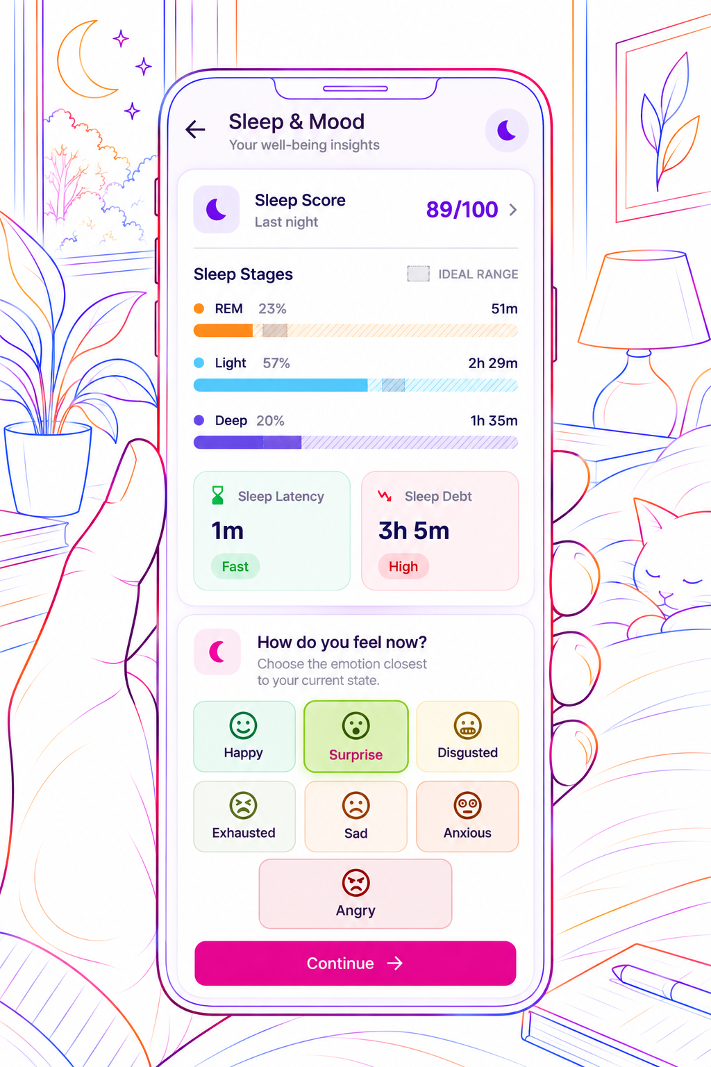 Mjuzi daily check-in screen combining sleep information with a mood and emotion check-in