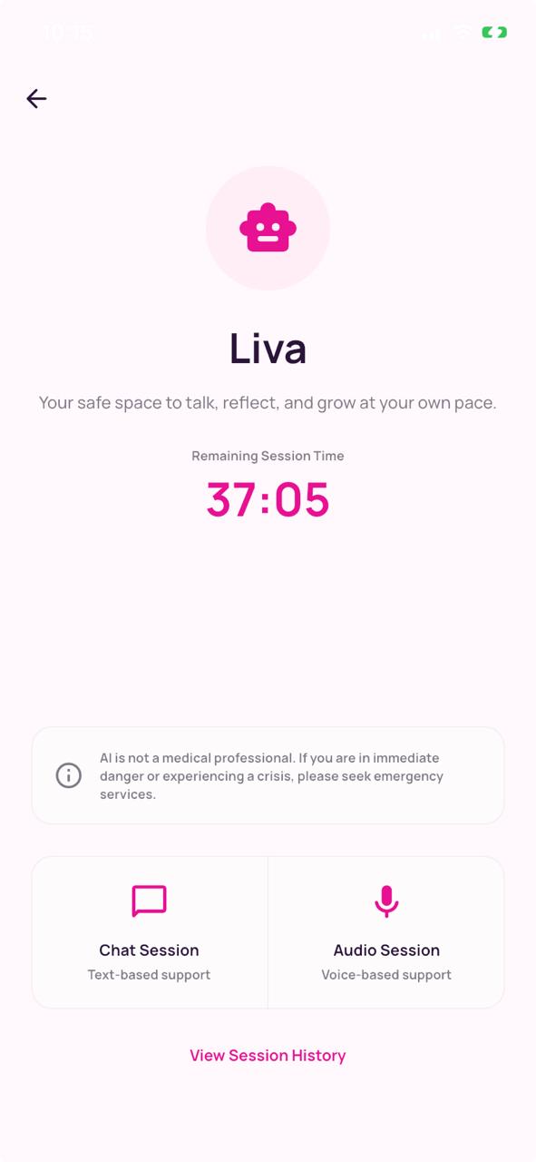 Real Mente Mirror Liva product screen showing chat and audio session options, remaining session time and a safety notice