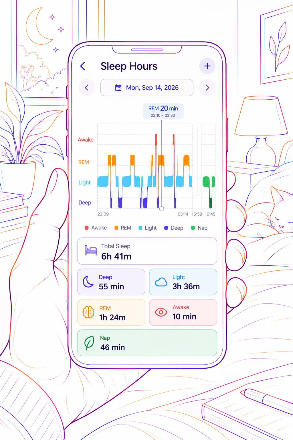 Mjuzi sleep insights showing sleep stages, total sleep, deep sleep, light sleep, REM, awake time and nap duration