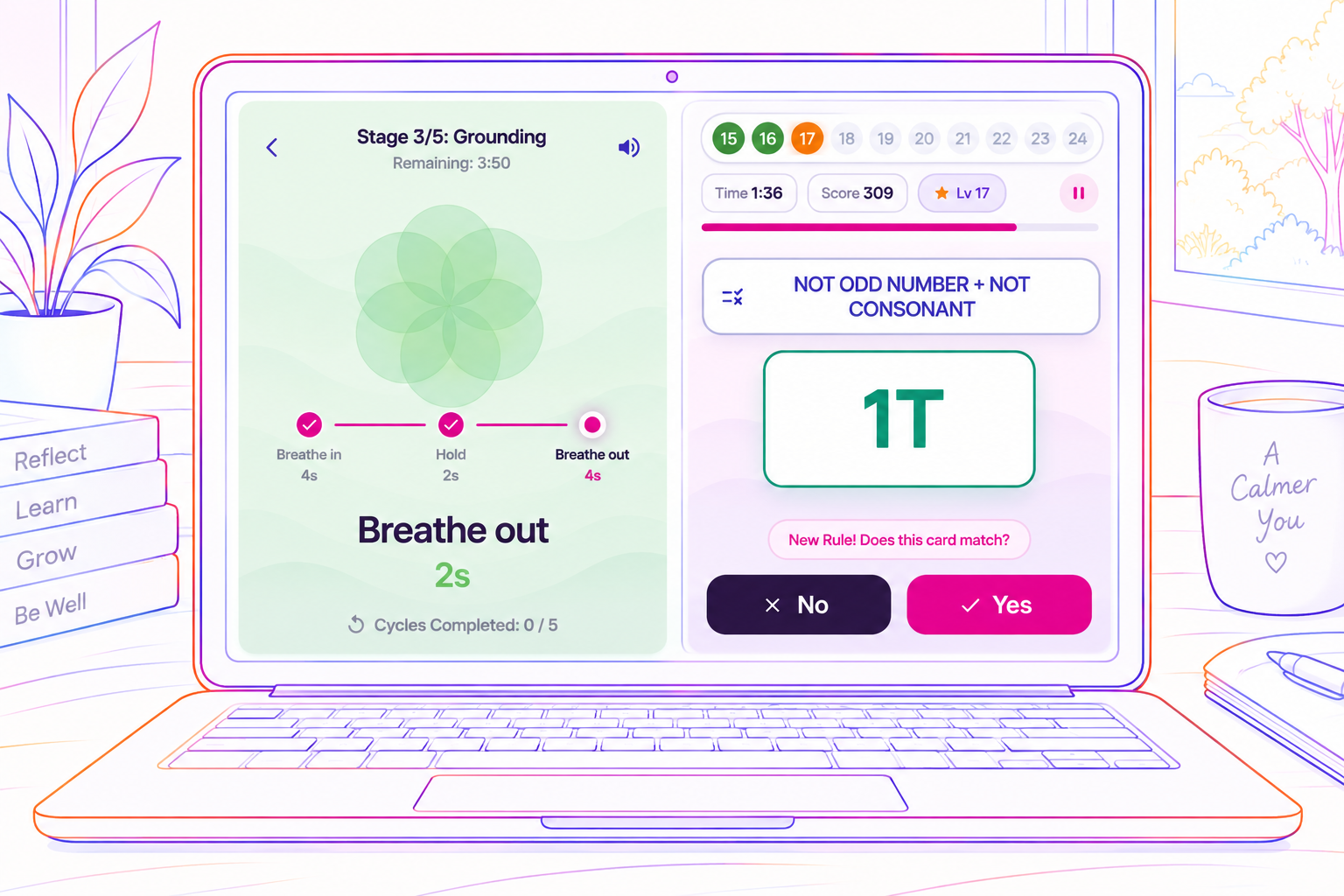 Mjuzi wellness tools showing grounding and cognitive training exercises